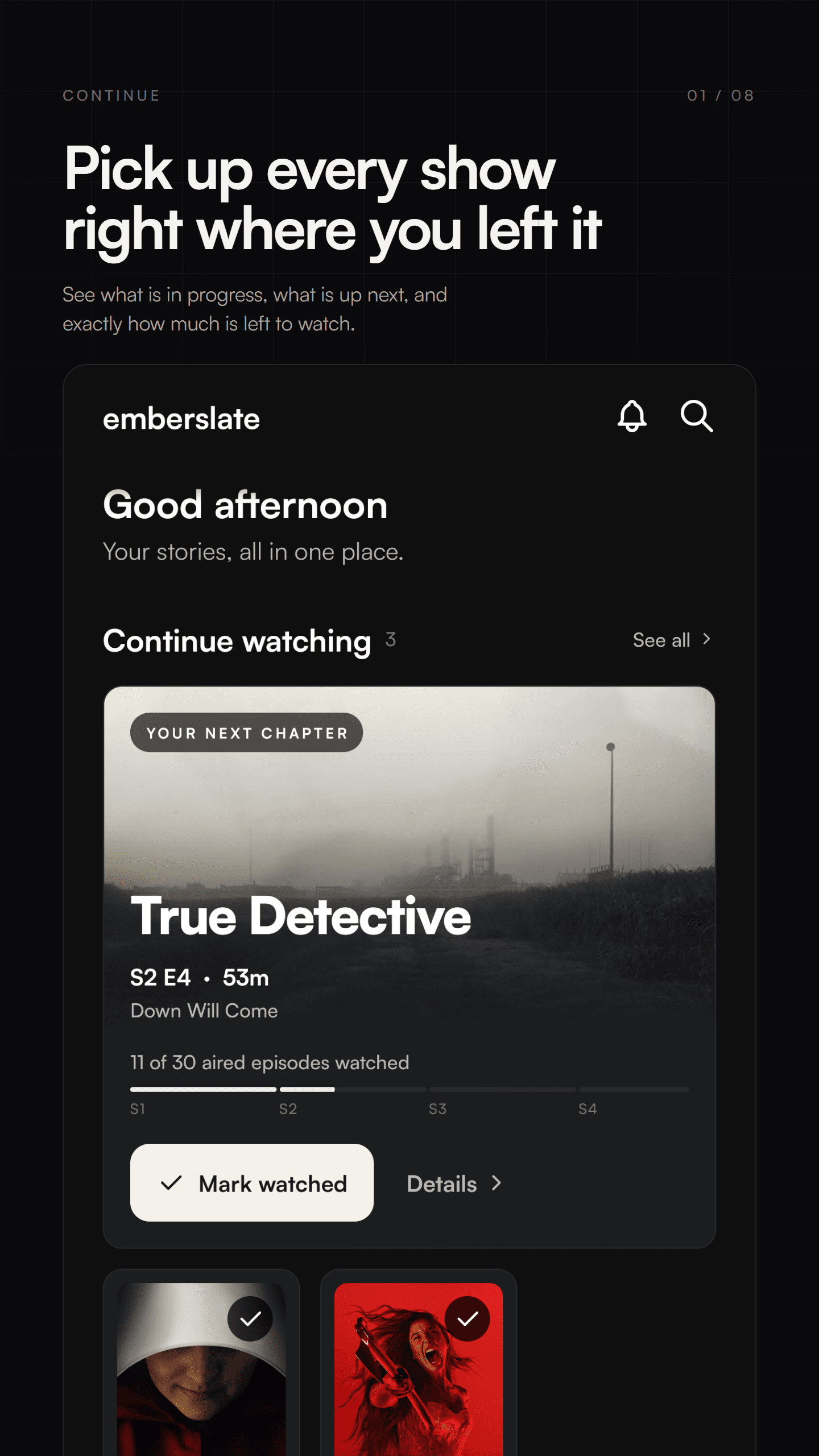 emberslate screen showing shows in progress and the next episode to watch.