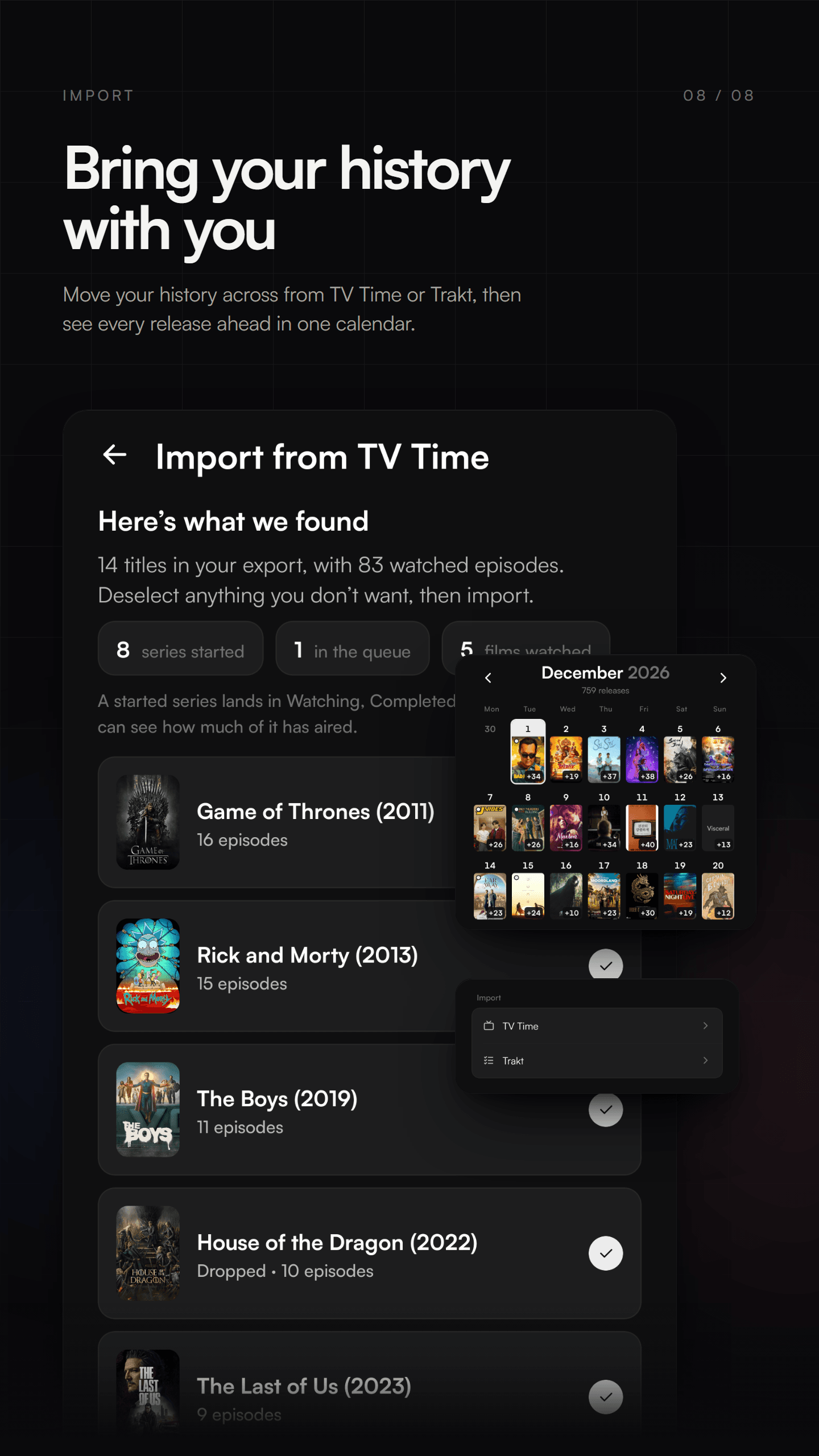 emberslate import review with matched titles, beside a month of the release calendar.