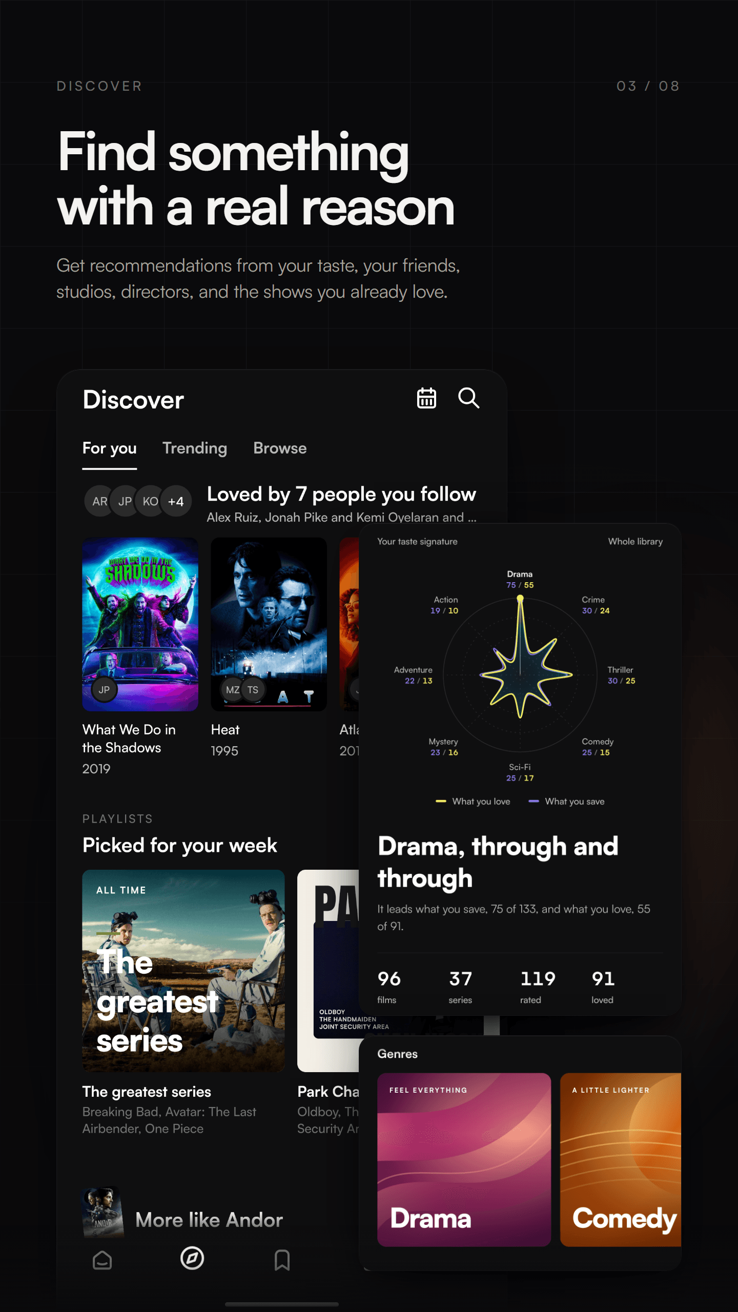 emberslate Discover screen showing recommendations with reasons.