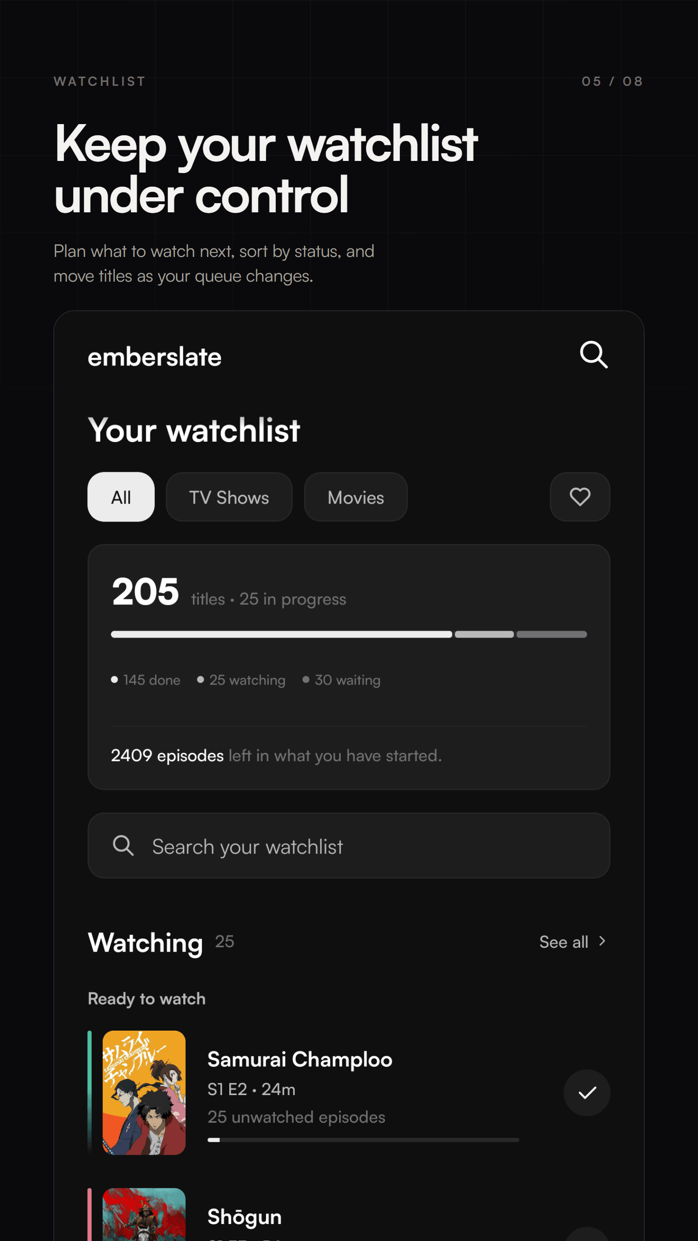 emberslate watchlist with status filters and titles to watch.