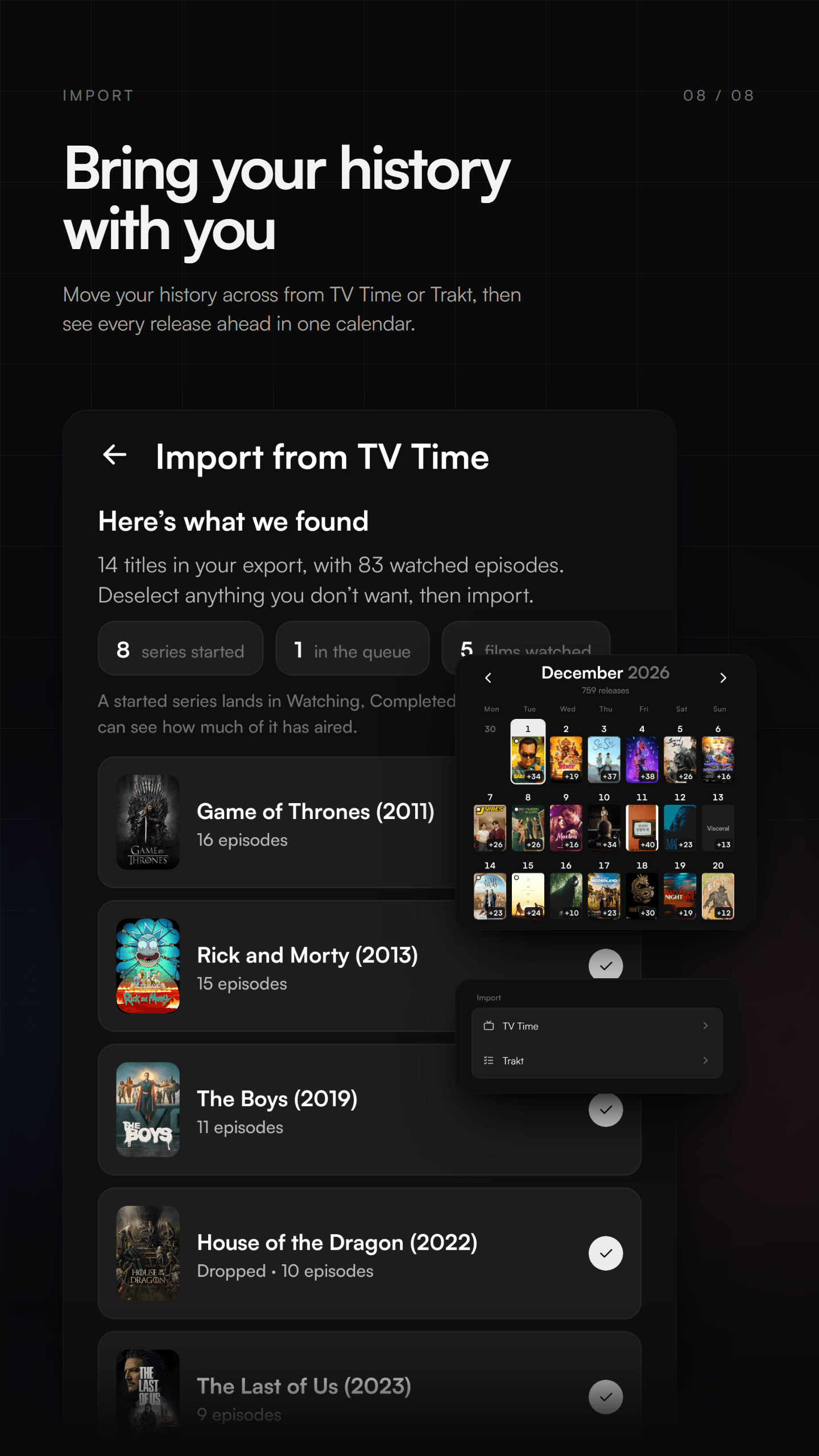 emberslate import review with matched titles, beside a month of the release calendar.